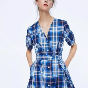Zara blue plaid taffeta dress with belt. Size M
